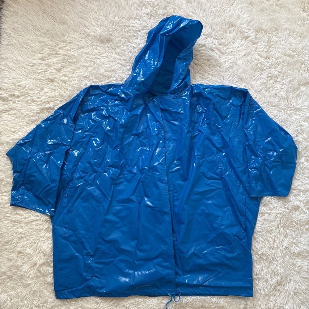 Vintage I.L.I. Blue Vinyl Hooded Rain Jacket Mens L Oversized Waterproof Coat